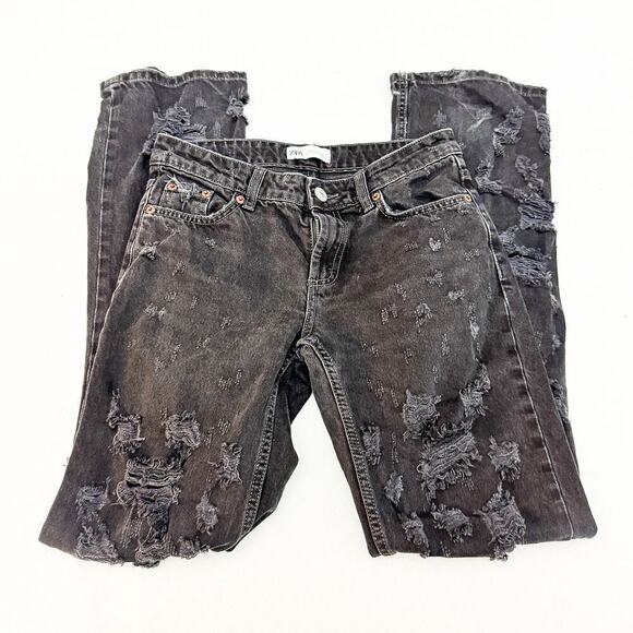 Zara Ripped Distressed Zippered Denim Jeans Bootcut Wide Leg Size 2 - Picture 4 of 7